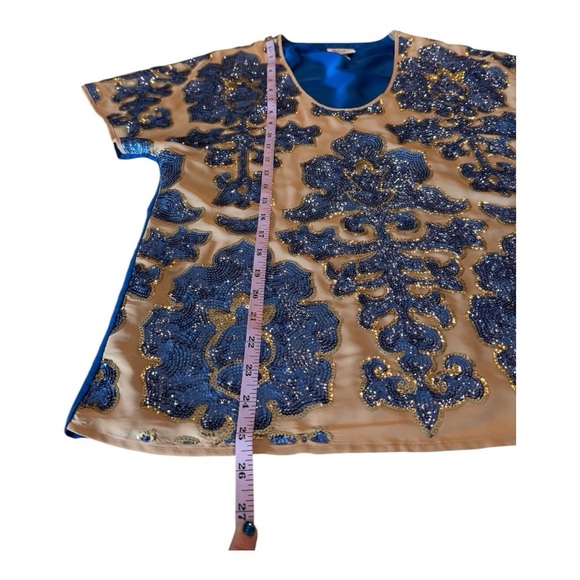 Tracy Reese Mixed Media Cap Sleeve Sequin Sheer Overlay Blue Tan Size M Neiman - Picture 9 of 14